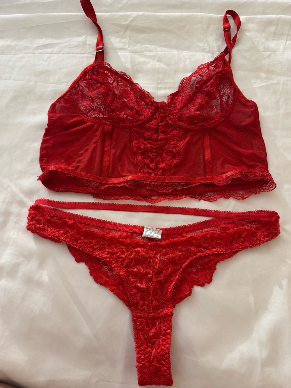 Red Lace Longline Bralette & Lace Thong Set